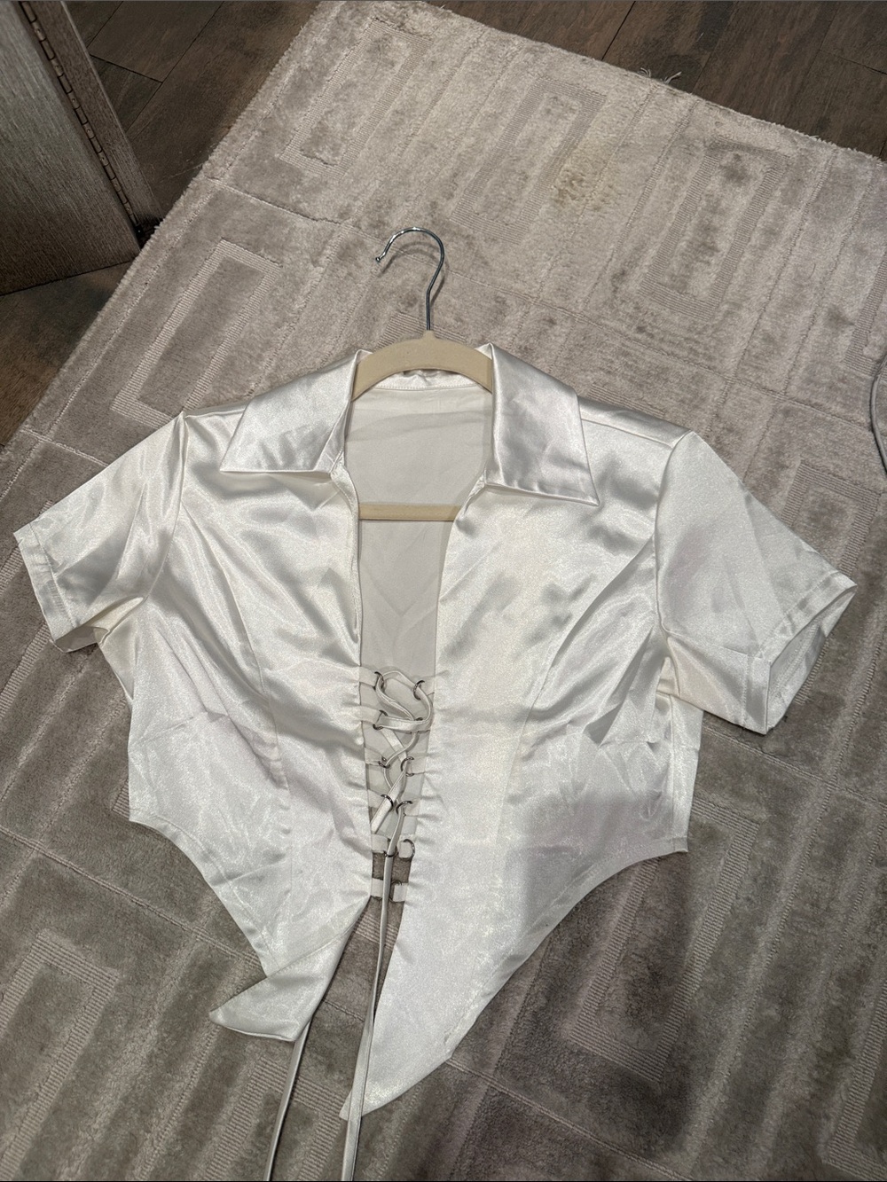White Satin Lace-Up Cropped Shirt